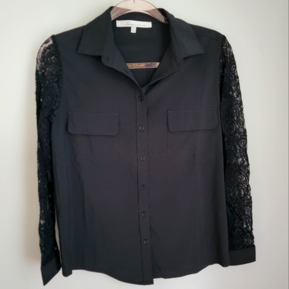 Lovers and Friends Black Lace Sleeve Blouse Size XS